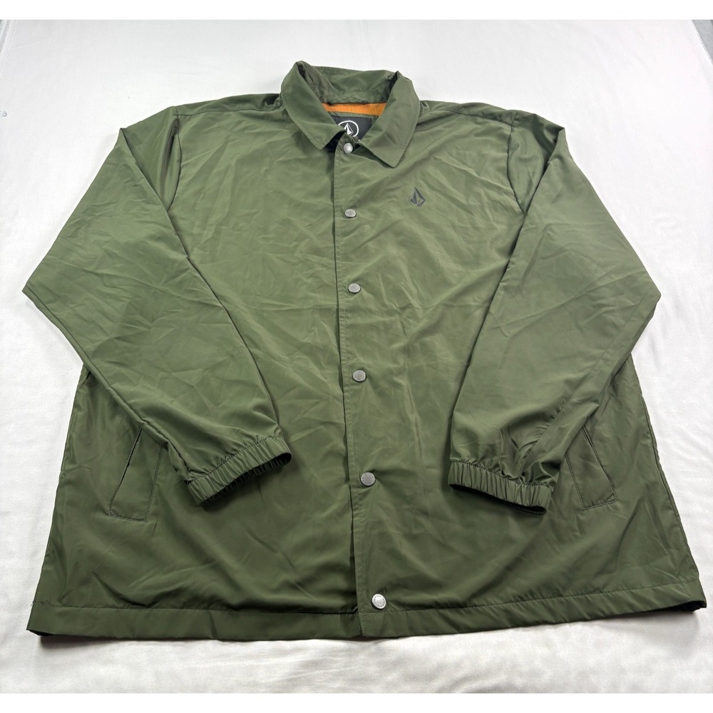 Volcom Bomber Jacket Mens 2XL Green Snap Up Skater Long Sleeve Casual Coat